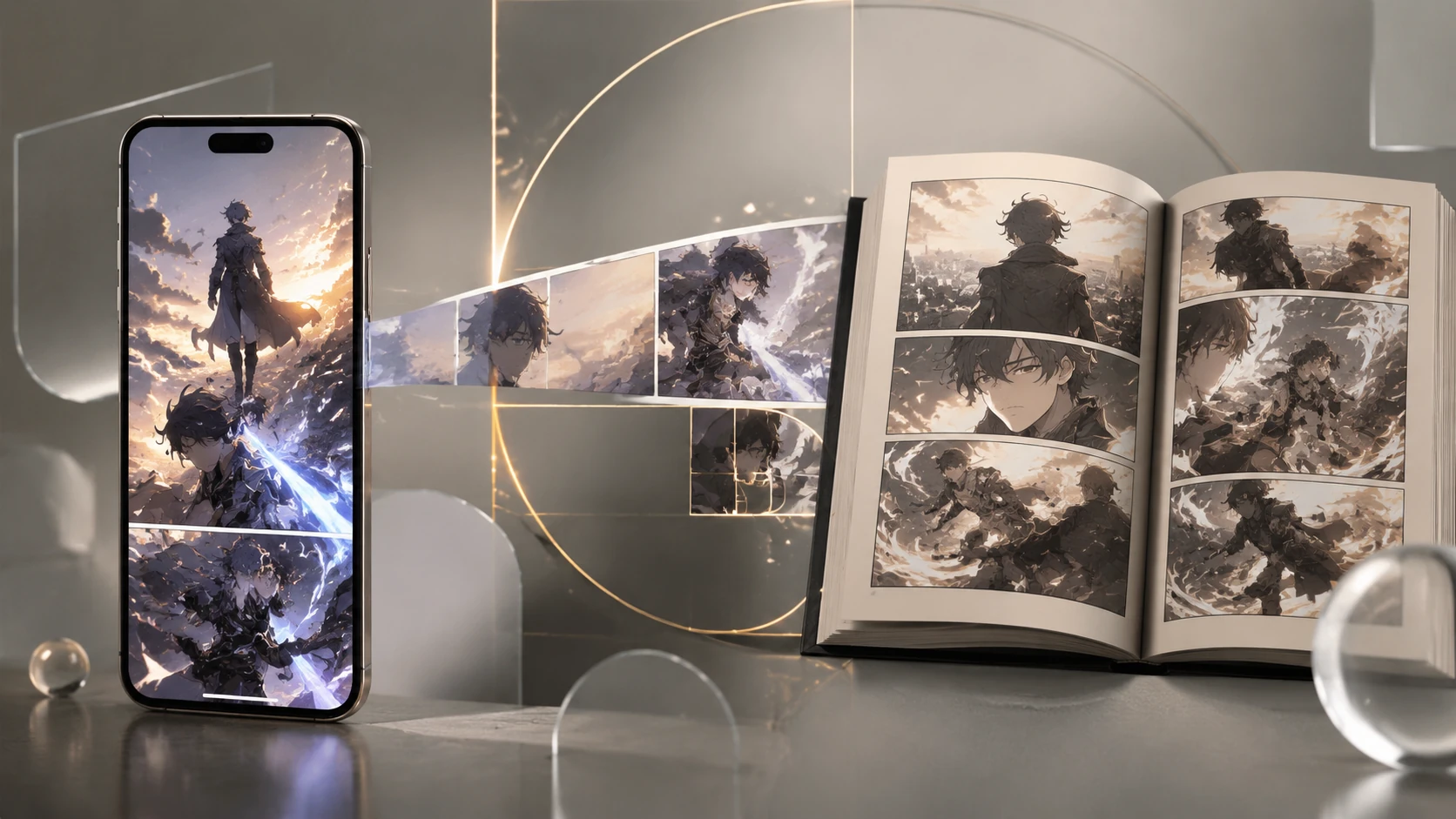A high-end split-screen visualization of a single comic scene adapted perfectly for both vertical mobile scrolling and a physical manga page