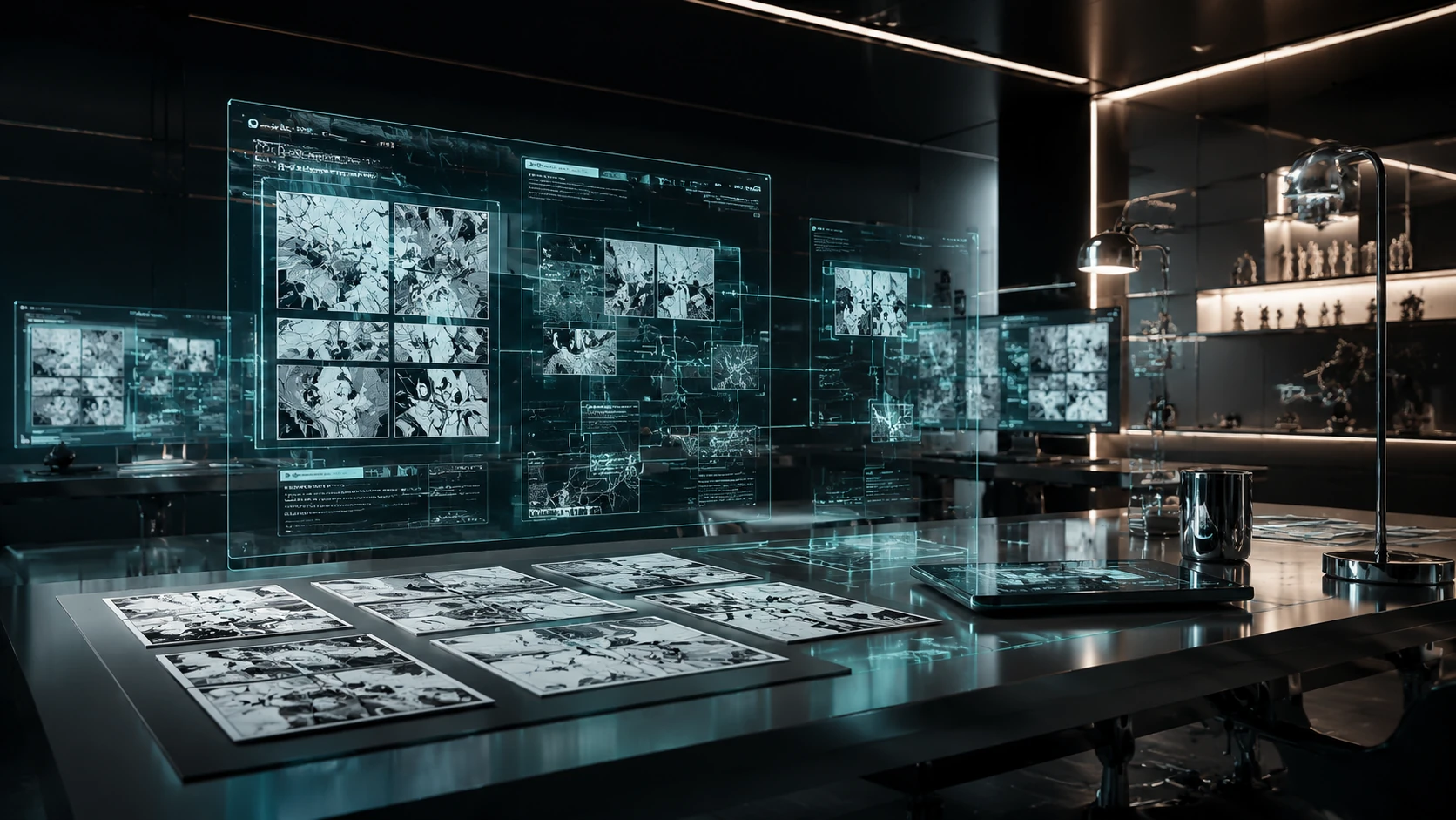 A futuristic multi-screen workspace showing a comic panel being analyzed by AI visual crawlers with teal and silver interface overlays.