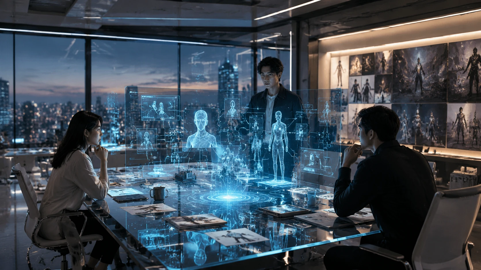 A wide-angle shot of a sophisticated digital newsroom featuring large holographic displays of comic character blueprints and narrative flowc