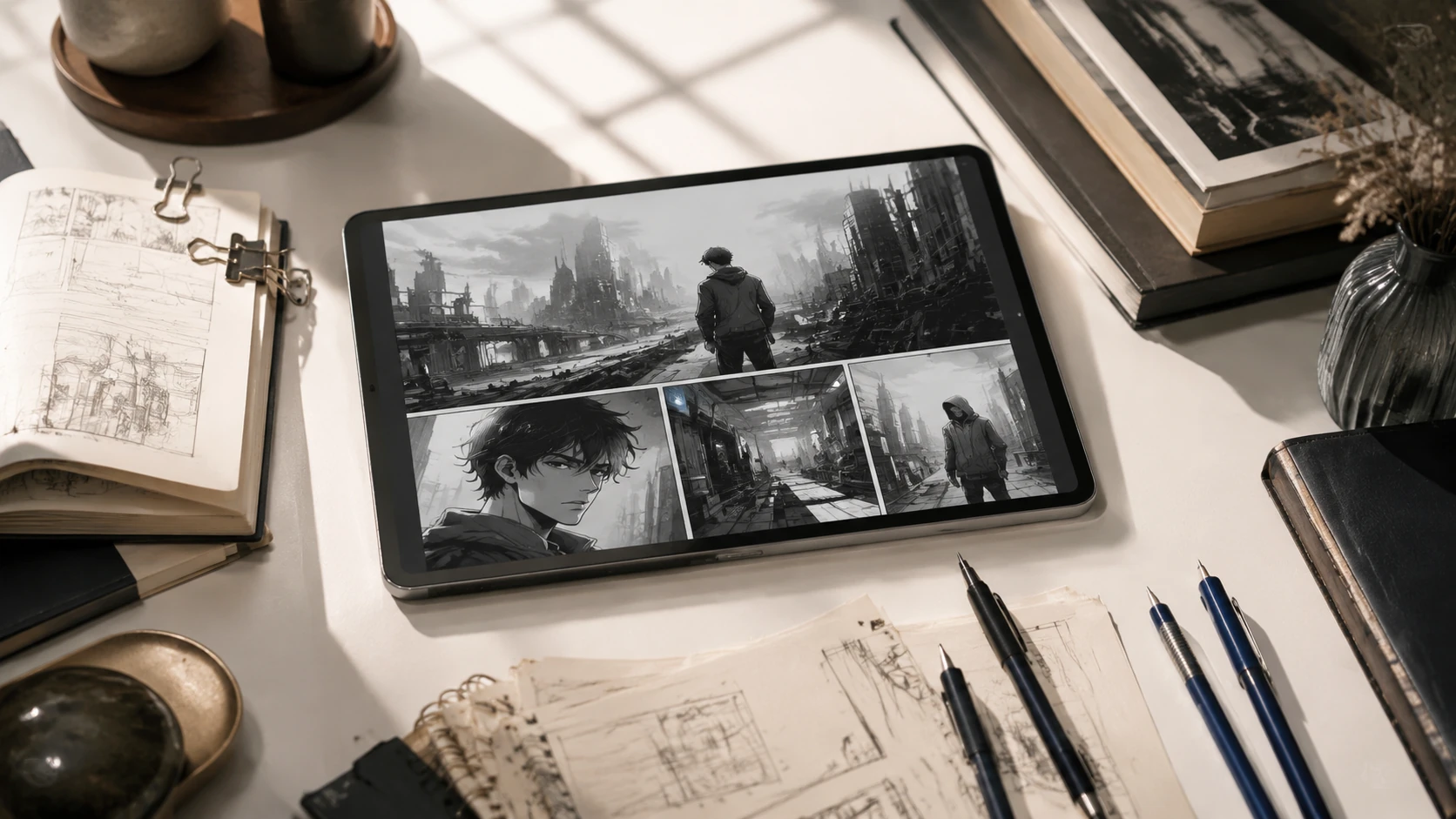 Overhead flat lay of a minimalist luxury desk featuring script notes, a high-end tablet with comic drafts, and cobalt blue ink pens.