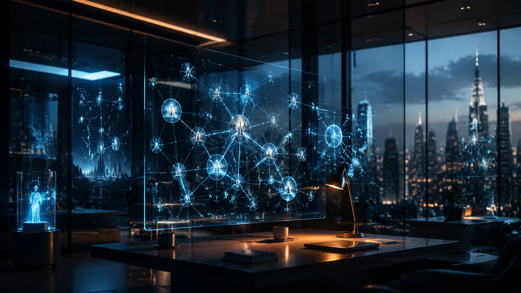 A futuristic studio workspace with holographic screens displaying interconnected nodes of a narrative web, highlighting lore consistency acr