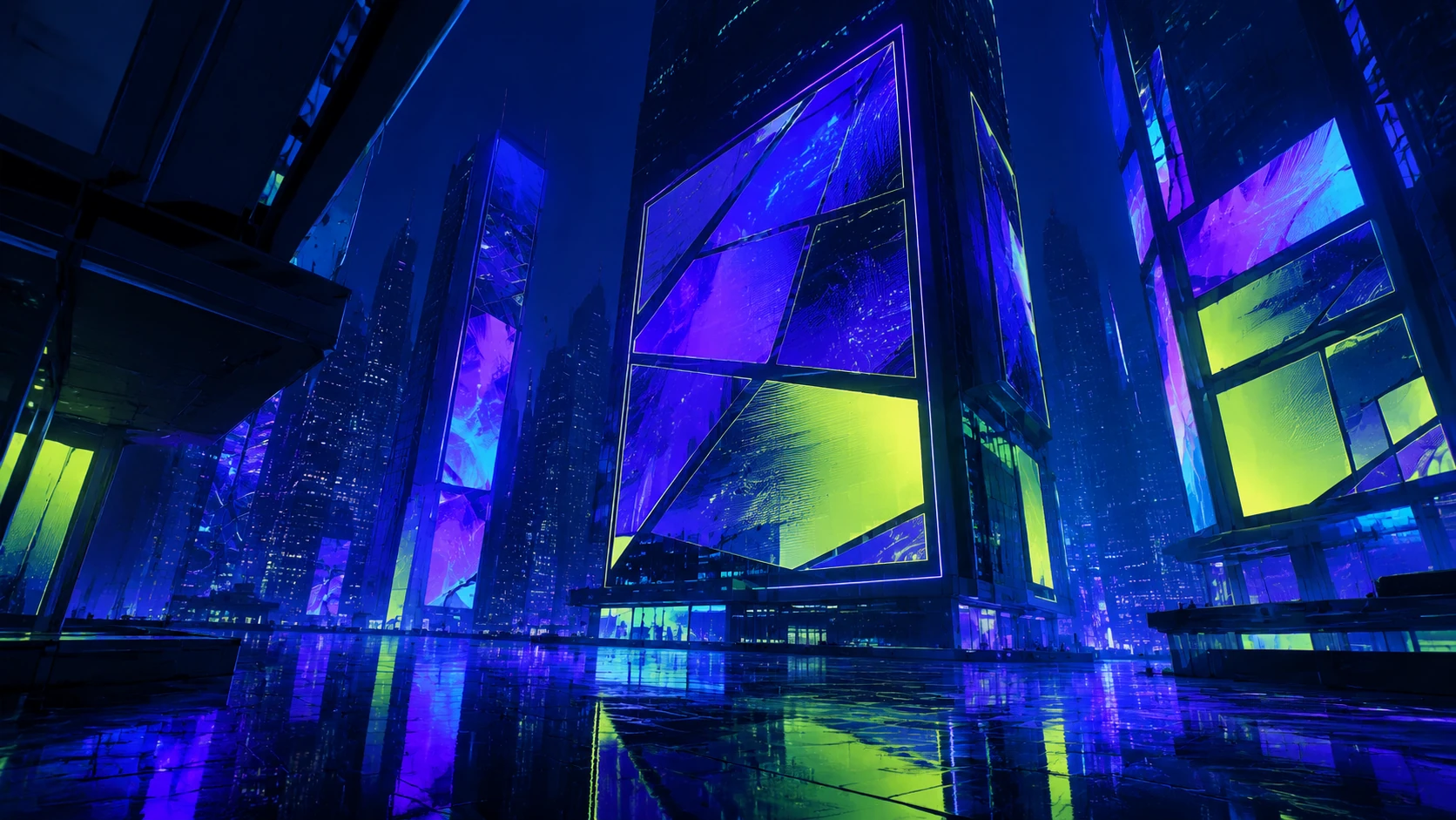 A cinematic night scene showing abstract billboards and digital displays reflecting a futuristic comic-culture aesthetic in a modern city.