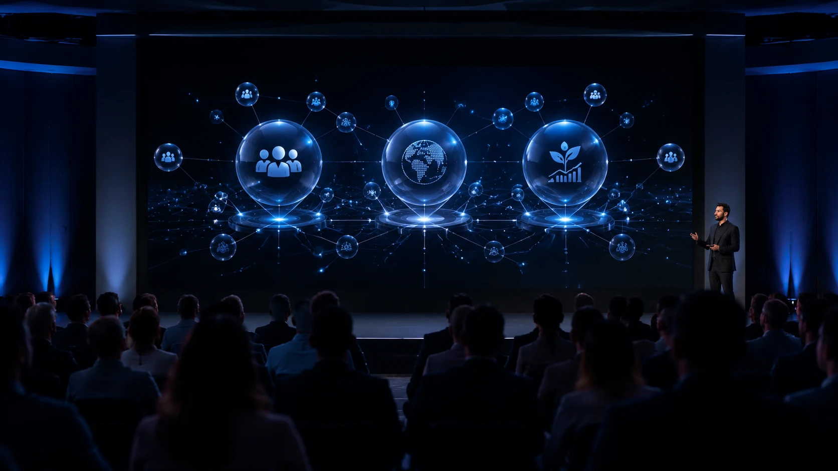 A professional presentation screen showing a complex ecosystem map of fan interactions and IP growth in a premium conference setting.