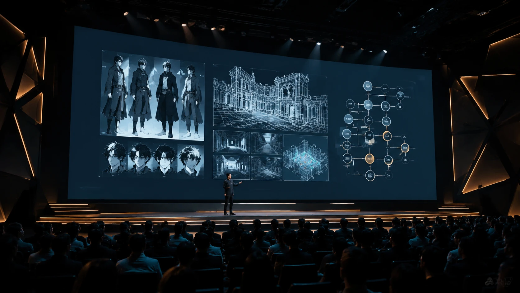 A high-end creator summit stage with a large projection showing a modular comic asset breakdown to an audience of silhouettes.