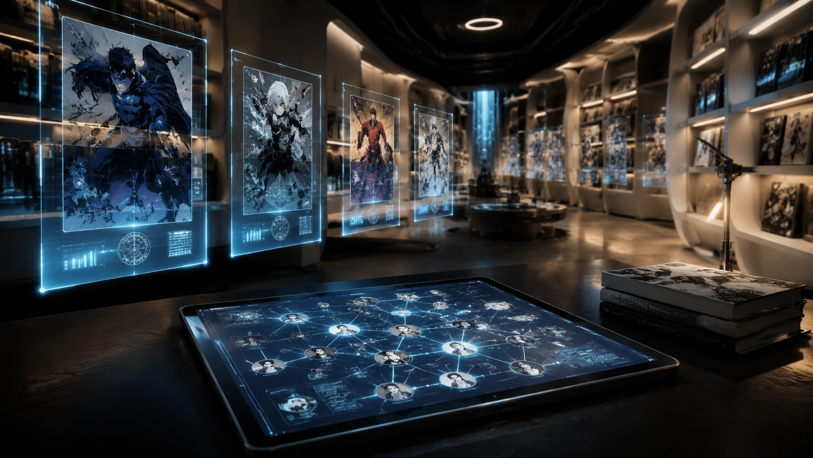 A refined digital library archive with holographic comic book covers and glowing 'Verified Narrative' certificates.