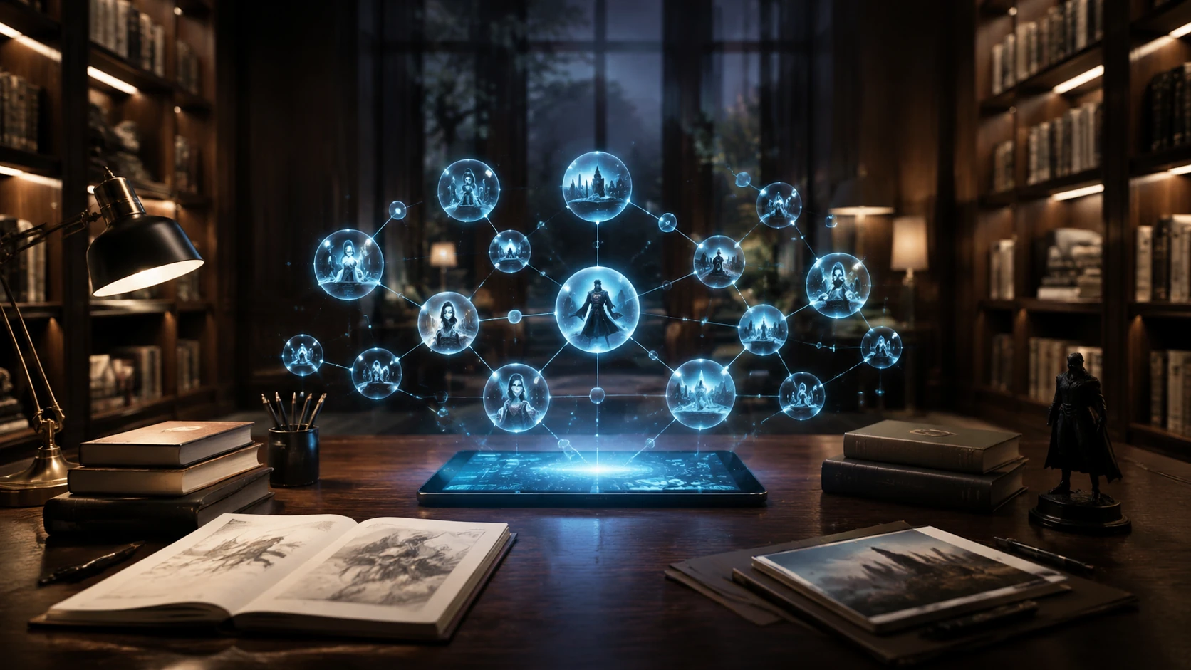 A high-end digital archive showing interconnected story nodes and character relationship maps in a scholarly library setting.