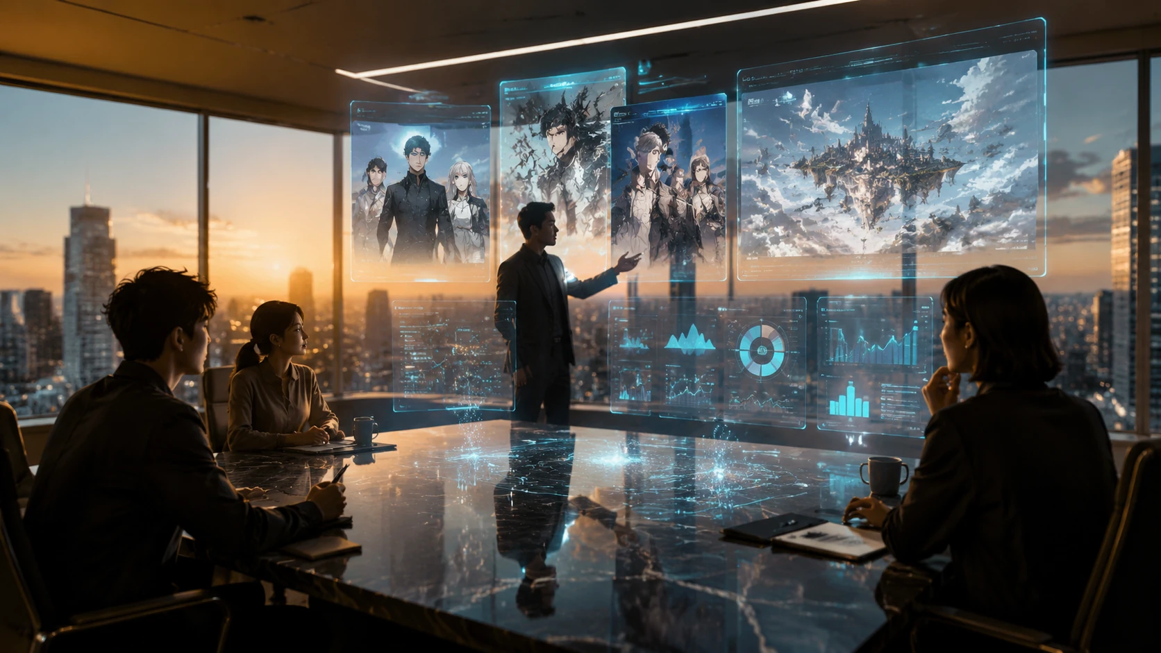 A wide-angle view of a futuristic digital media newsroom with floating holographic boards displaying webtoon characters and narrative data c