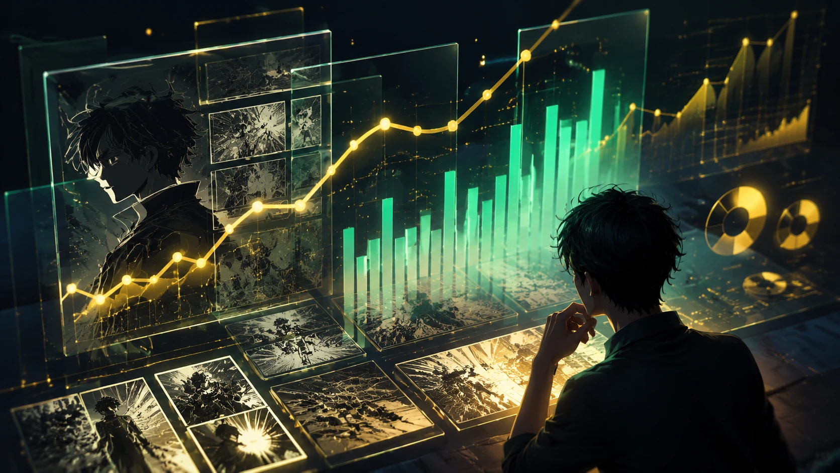 Abstract representation of manga panels being transformed into data charts and golden assets on a glassmorphism dashboard.