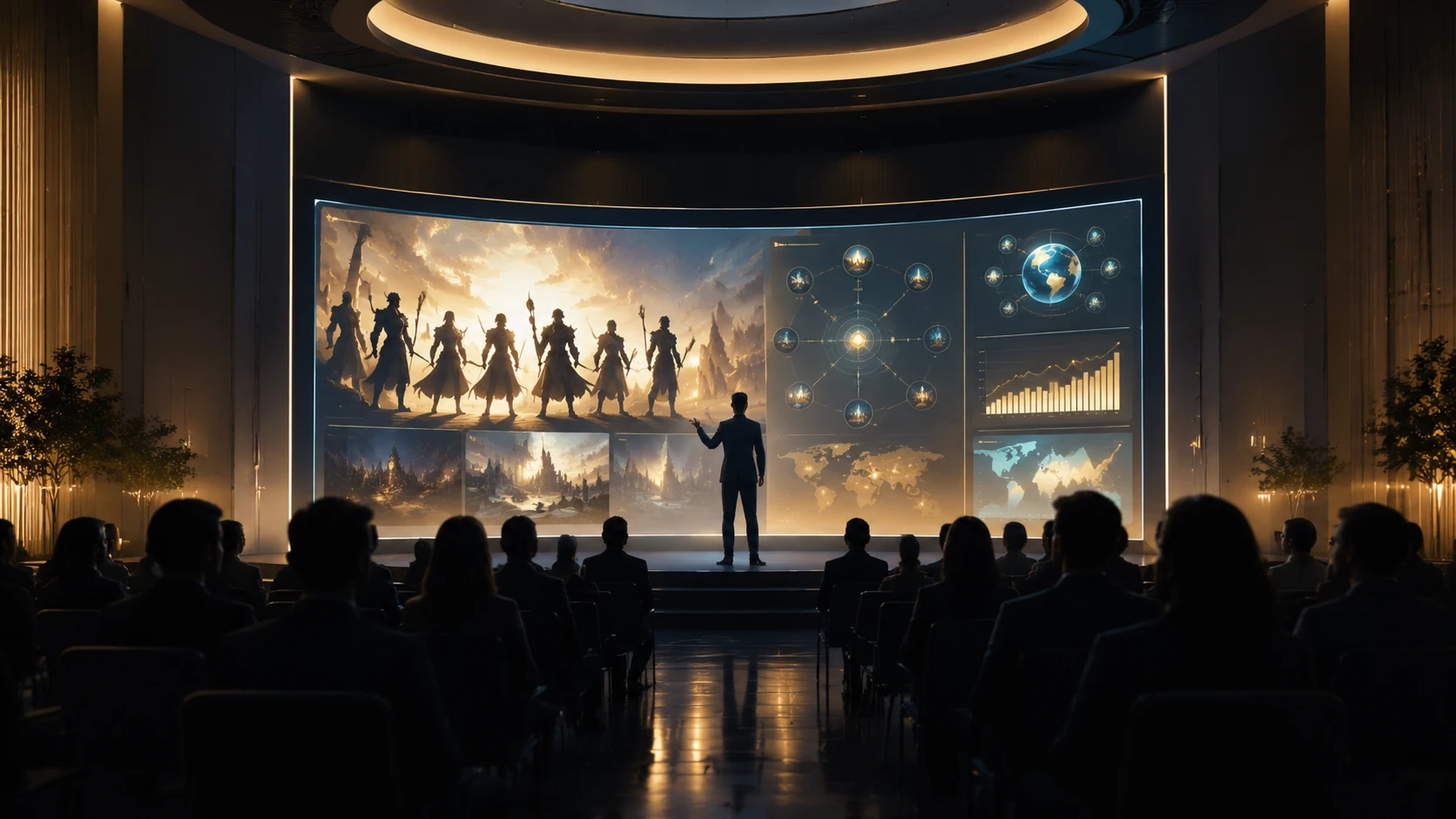A premium presentation setting showing a digital pitch deck for a webtoon on a large screen with professional silhouettes watching