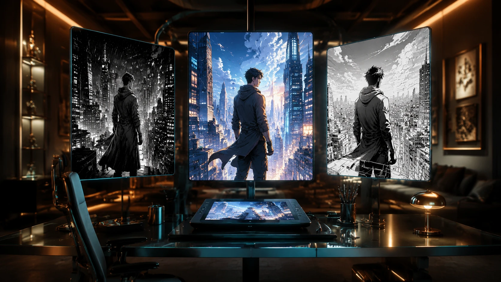 A high-end digital studio featuring three large monitors displaying the same comic panel rendered in three distinct art styles: classic mang
