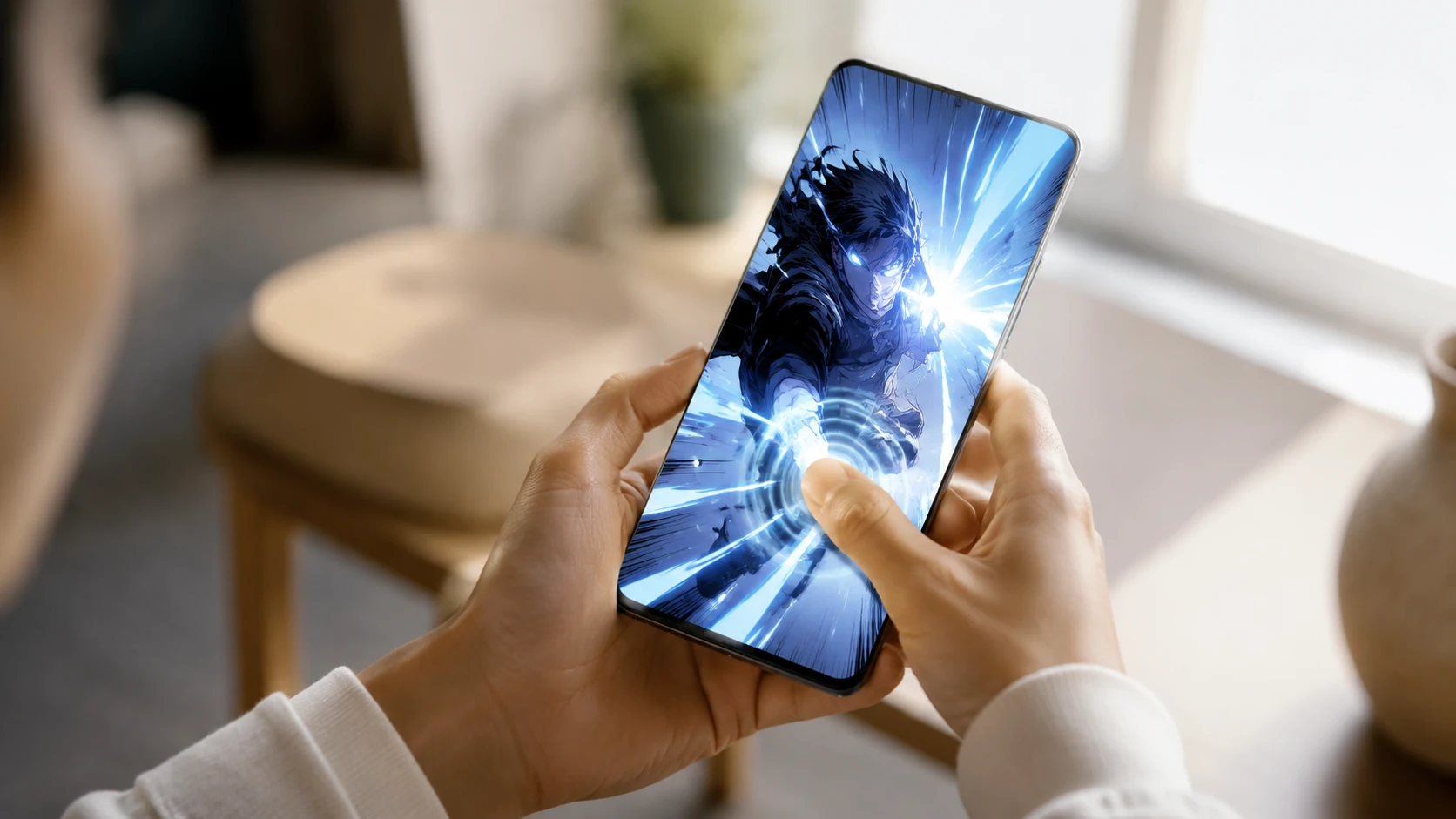 A person holding a smartphone showing a high-action webtoon panel, with subtle visual ripples on the screen indicating haptic feedback activ