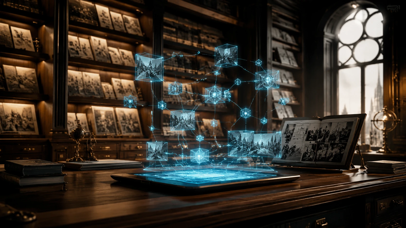 A sophisticated digital library and archive of comic structures with elegant holographic shelves and a tablet showing story architecture.