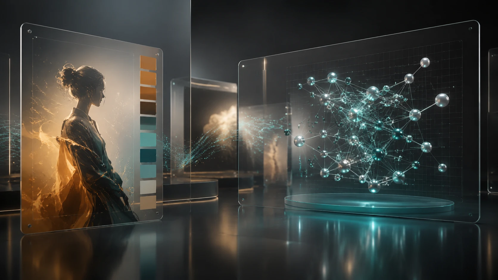 A futuristic glassmorphism dashboard showing comic art panels and teal-colored sentiment cluster charts in a professional studio setting.