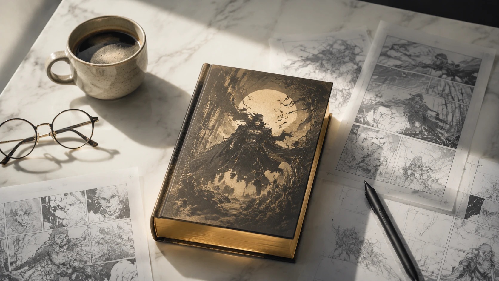 A high-end flat lay of a luxury hardcover comic book alongside digital storyboards and technical layout sketches on a clean marble surface.