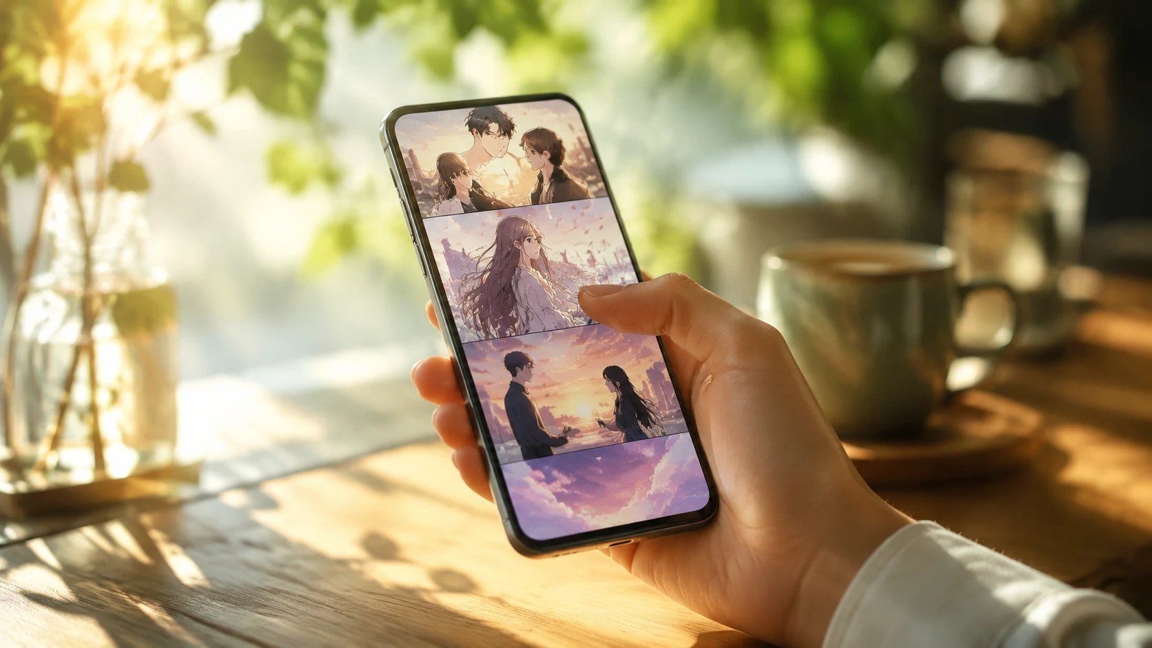Elegant mobile-first webtoon reading scene with high-end smartphone and soft daylight