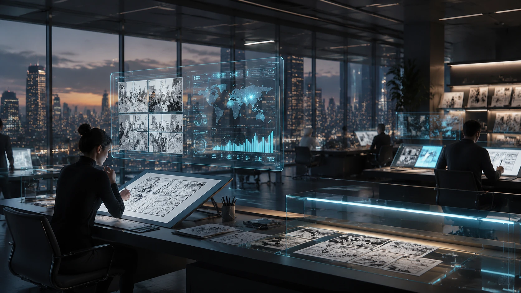 Wide-angle view of a modern 2026 digital newsroom and studio with glass displays showing webtoon performance metrics and storyboards in a pr