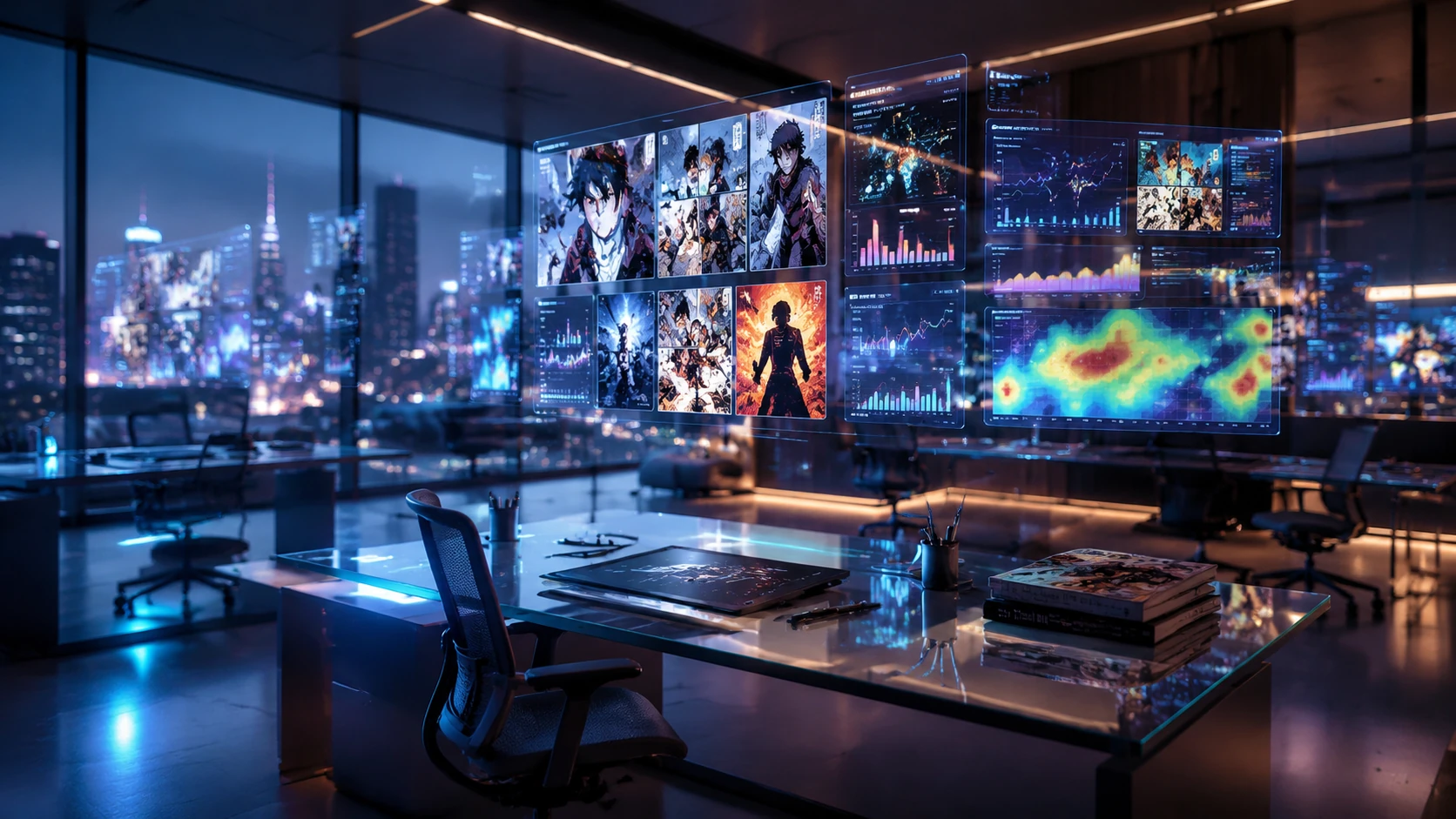 A futuristic digital newsroom showing holographic webtoon panels and complex sentiment analytics charts