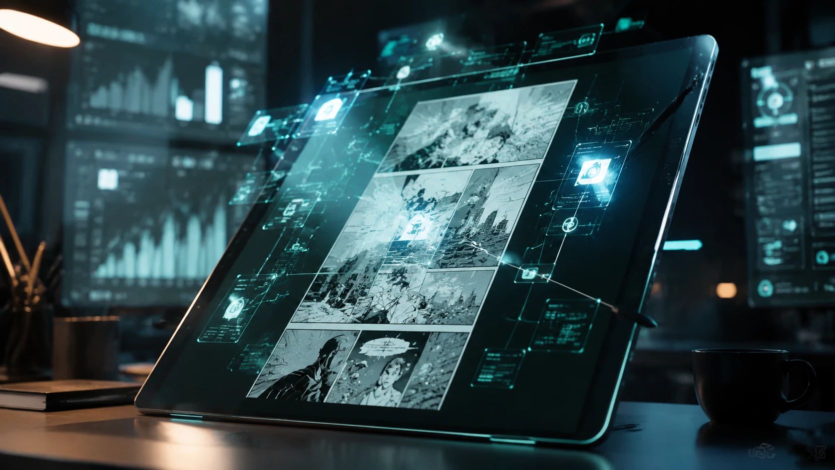 A high-tech digital workspace showing a webtoon being processed with translucent data overlays representing semantic metadata and accessibil
