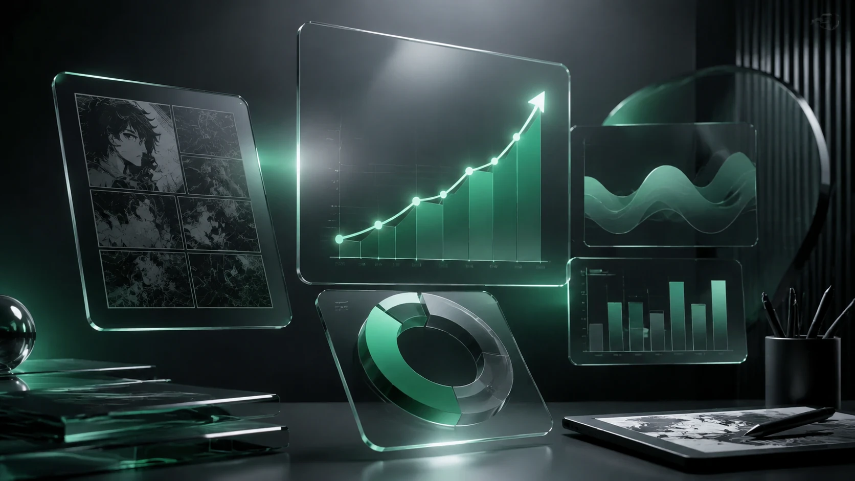 Abstraktes Dashboard der Creator Economy mit Diagrammen, Comic-Panels und eleganten Glassmorphism-Elementen auf einem dunklen Hintergrund.