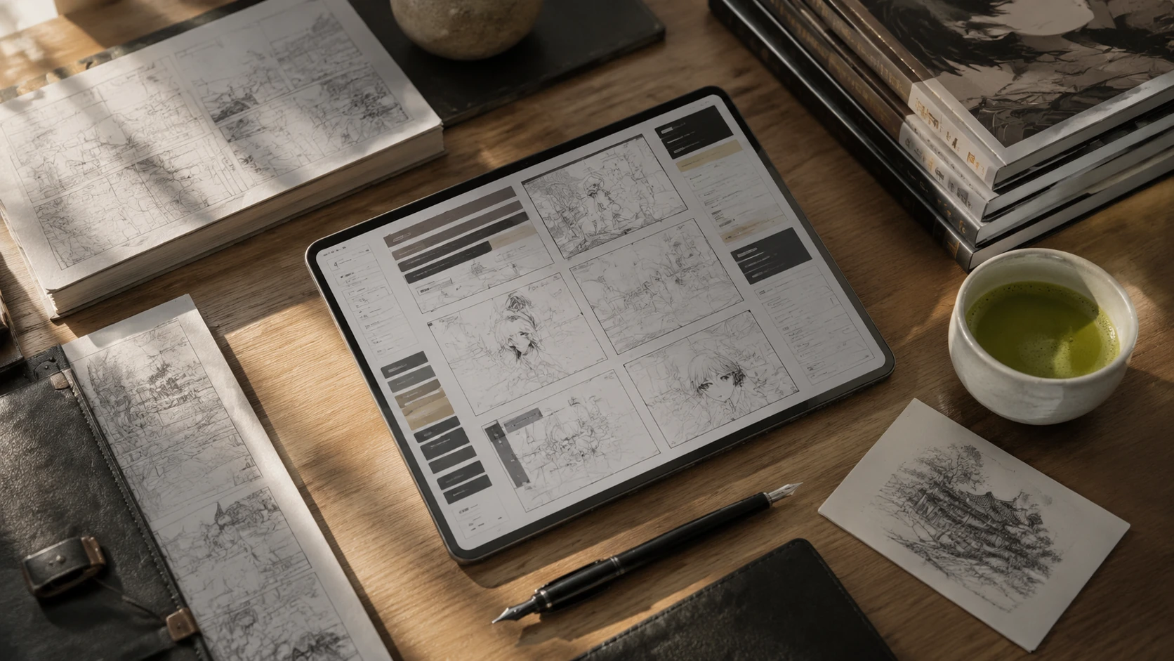 Luxury overhead flat lay of a modern writer's desk featuring script notes, a digital tablet, and manga references.