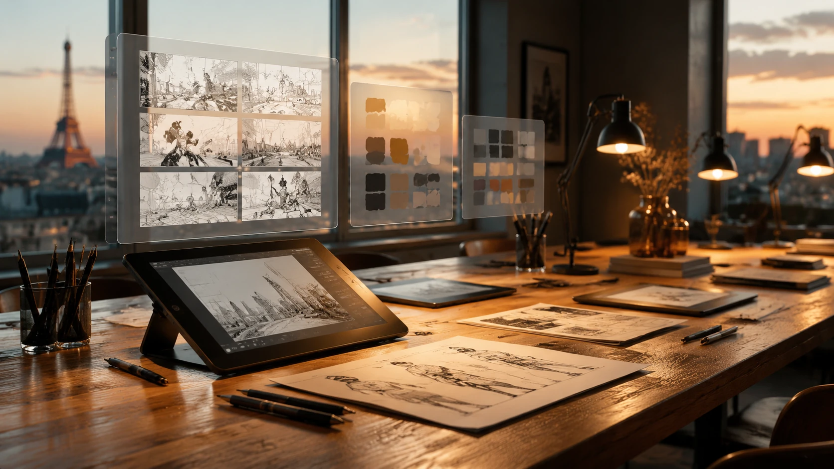Un studio de création moderne et minimaliste avec des outils numériques professionnels et des storyboards flottants sous une lumière éditori