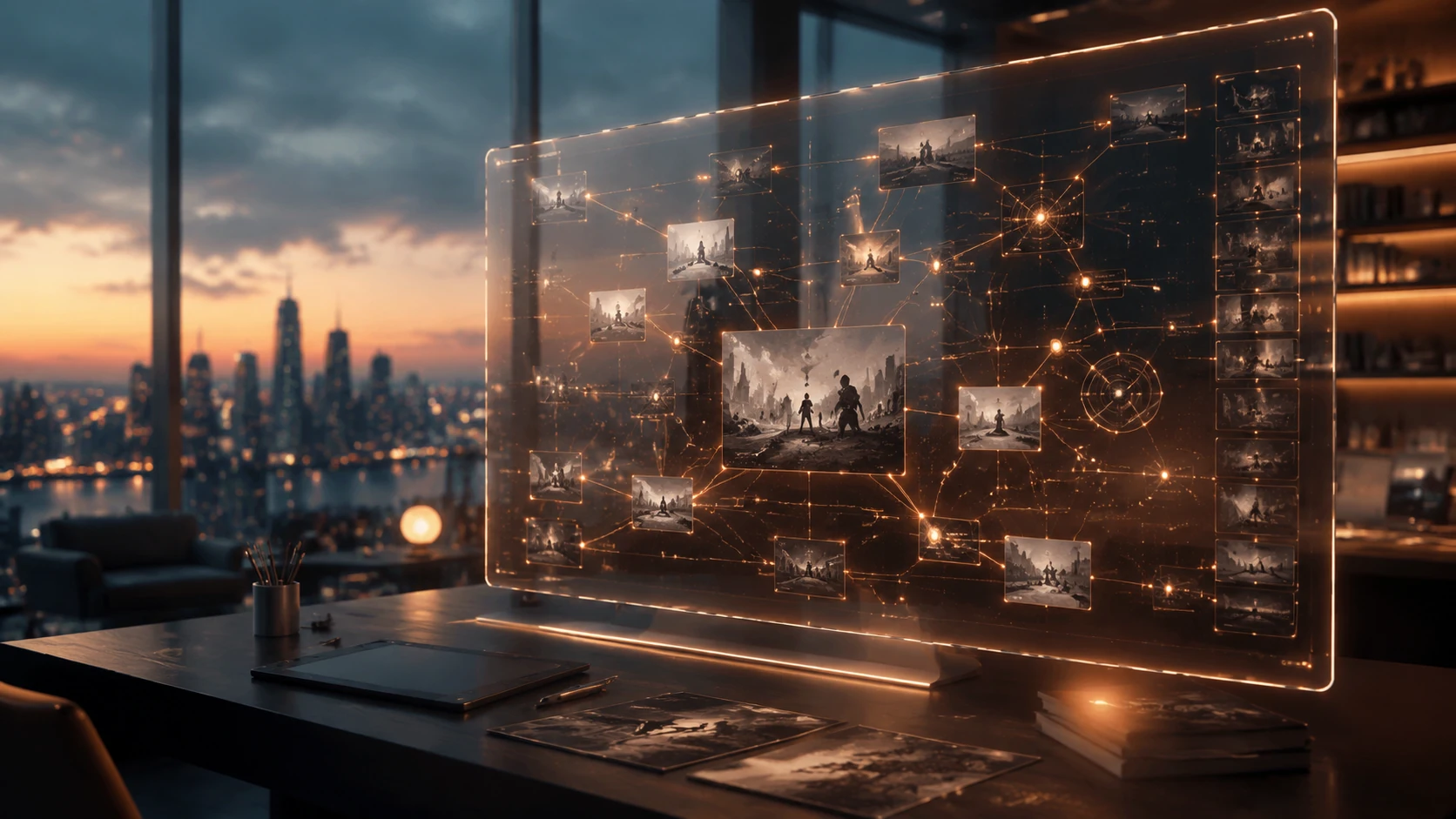 A high-end digital workspace showing complex node-based story maps on a transparent glass display, glowing with soft amber and slate blue li
