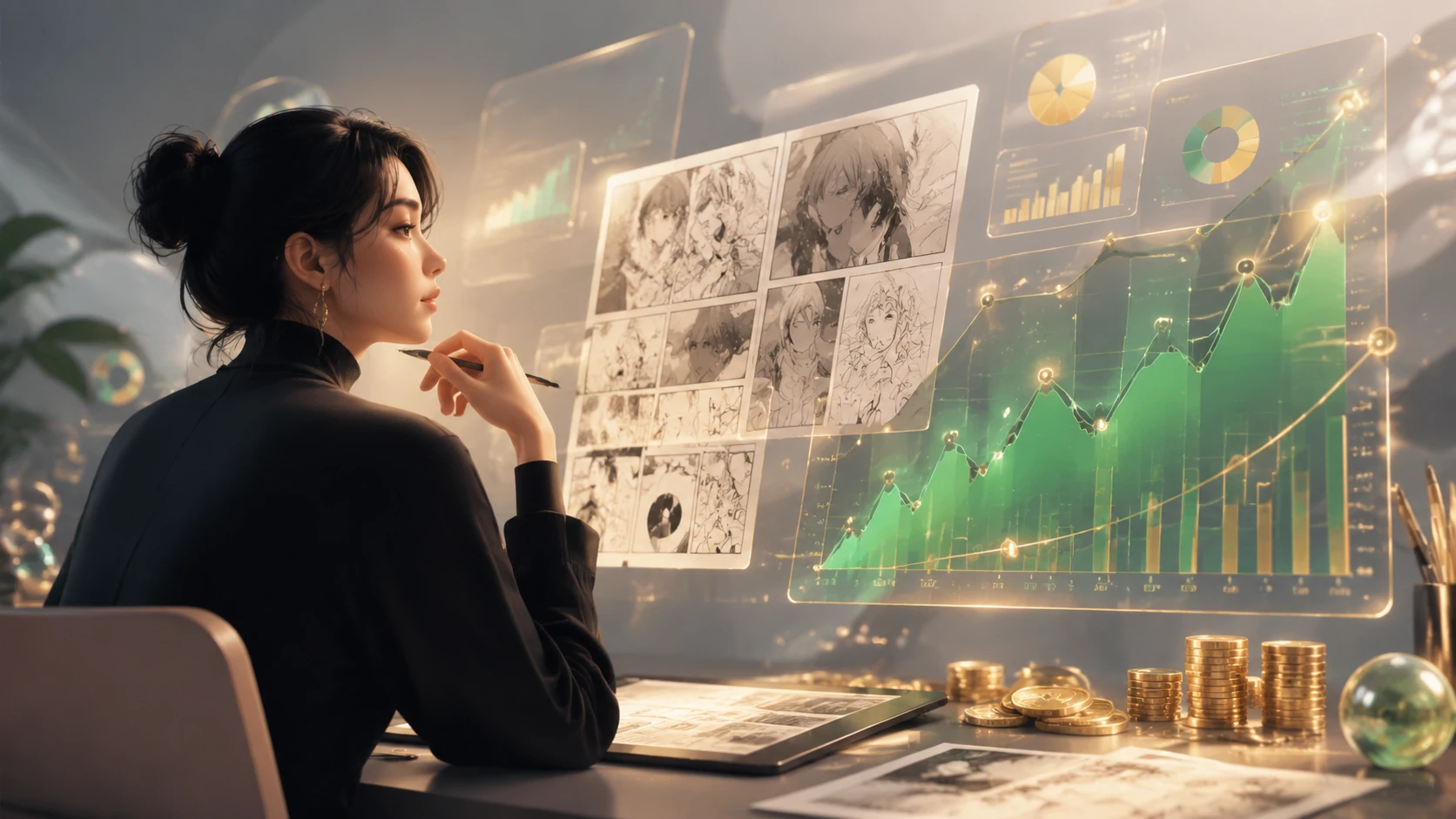 A high-end 3D visualization of a creator economy dashboard featuring glassmorphic panels, revenue growth charts, and abstract comic frame si