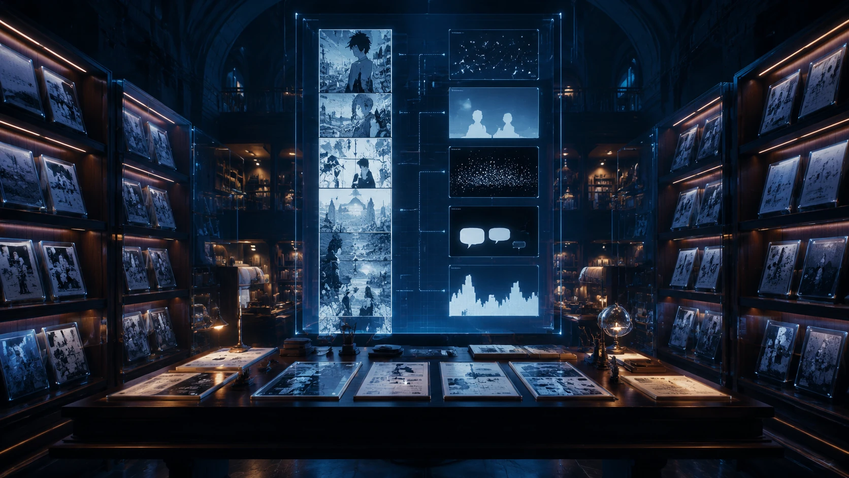 A sophisticated digital archive setting featuring glowing tablets and holographic comic panels arranged by visual density.