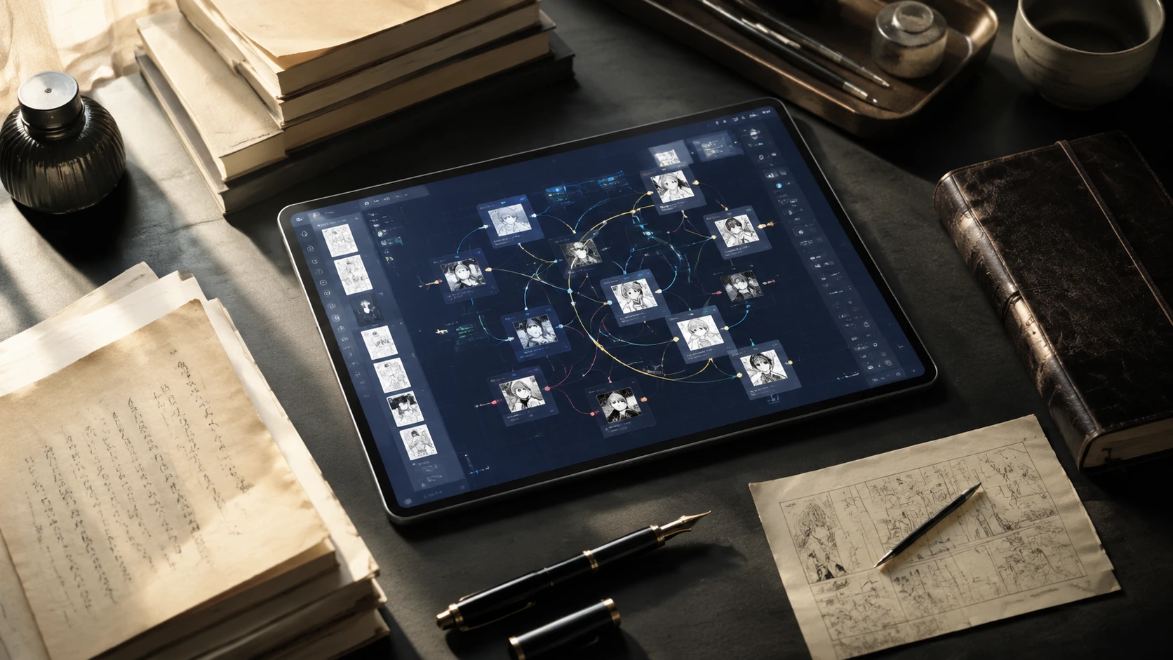 Minimalist luxury flat lay showing a high-end digital tablet displaying complex narrative arc diagrams alongside traditional ink pens and le