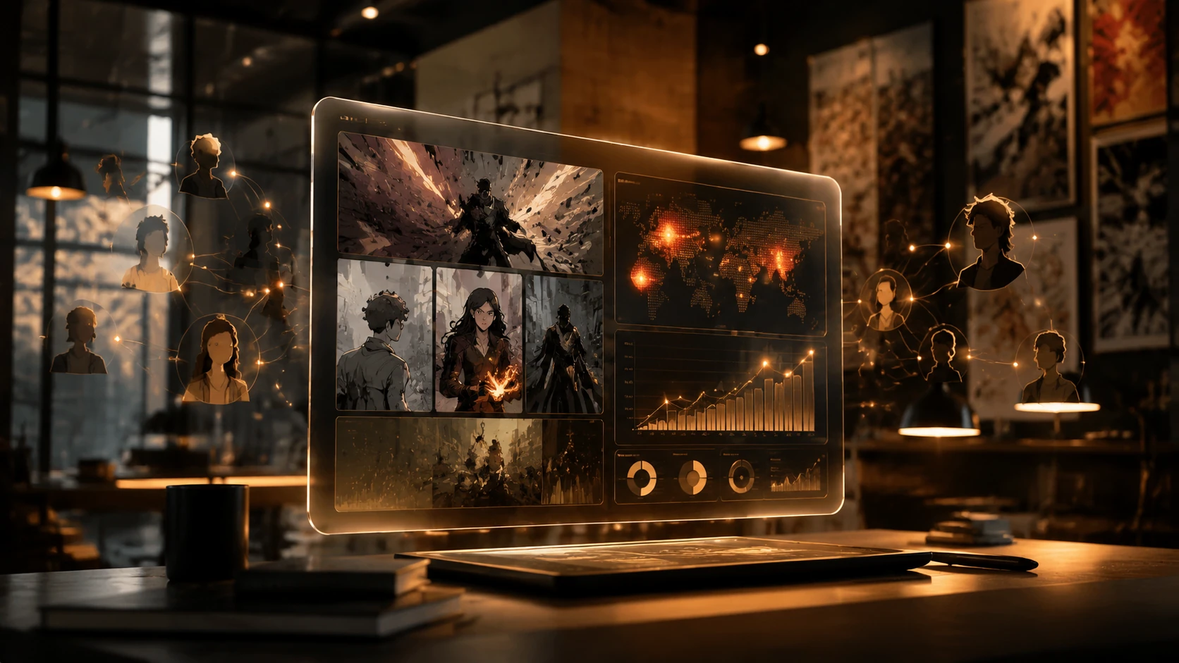 Ein elegantes digitales Dashboard mit Comic-Panels und Community-Wachstumscharts in einem modernen Studio-Setting.