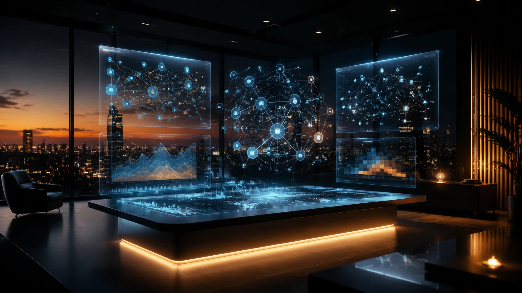 A wide-angle view of a high-tech digital newsroom focused on comic industry trends, featuring floating holographic data boards displaying ch