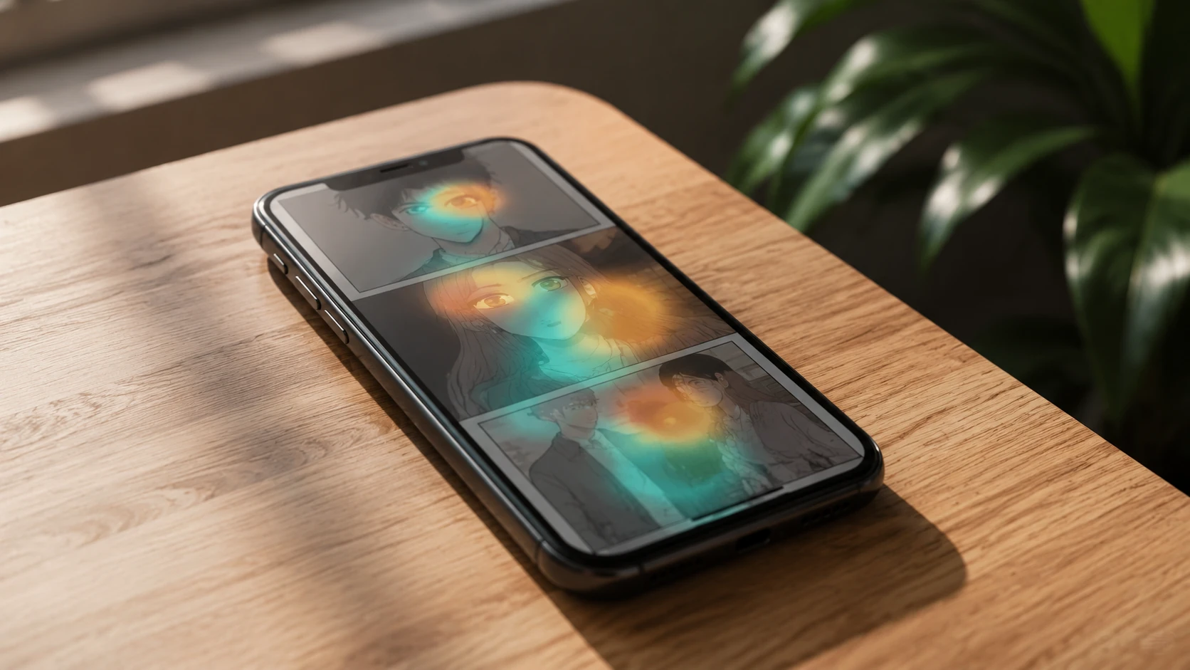 Ein hochwertiges Smartphone zeigt einen Webtoon mit subtilen Heatmap-Overlays in einer hellen, minimalistischen Umgebung.