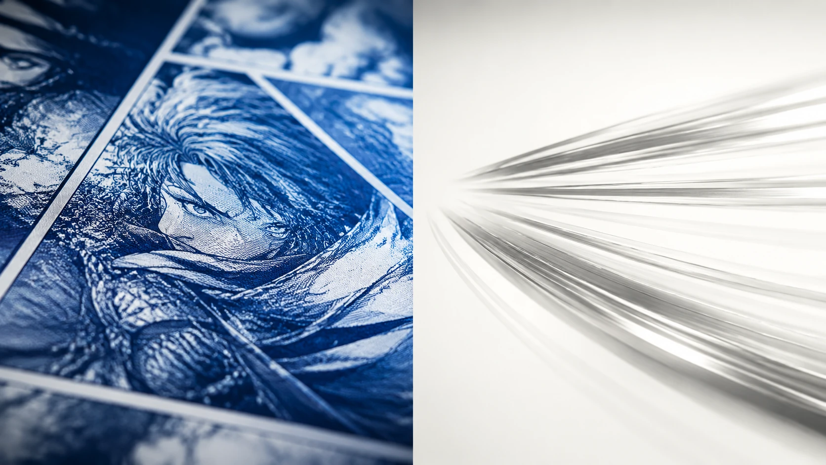 A conceptual split-screen showing a high-detail manga panel juxtaposed with abstract flow lines representing reading speed, in a clean edito