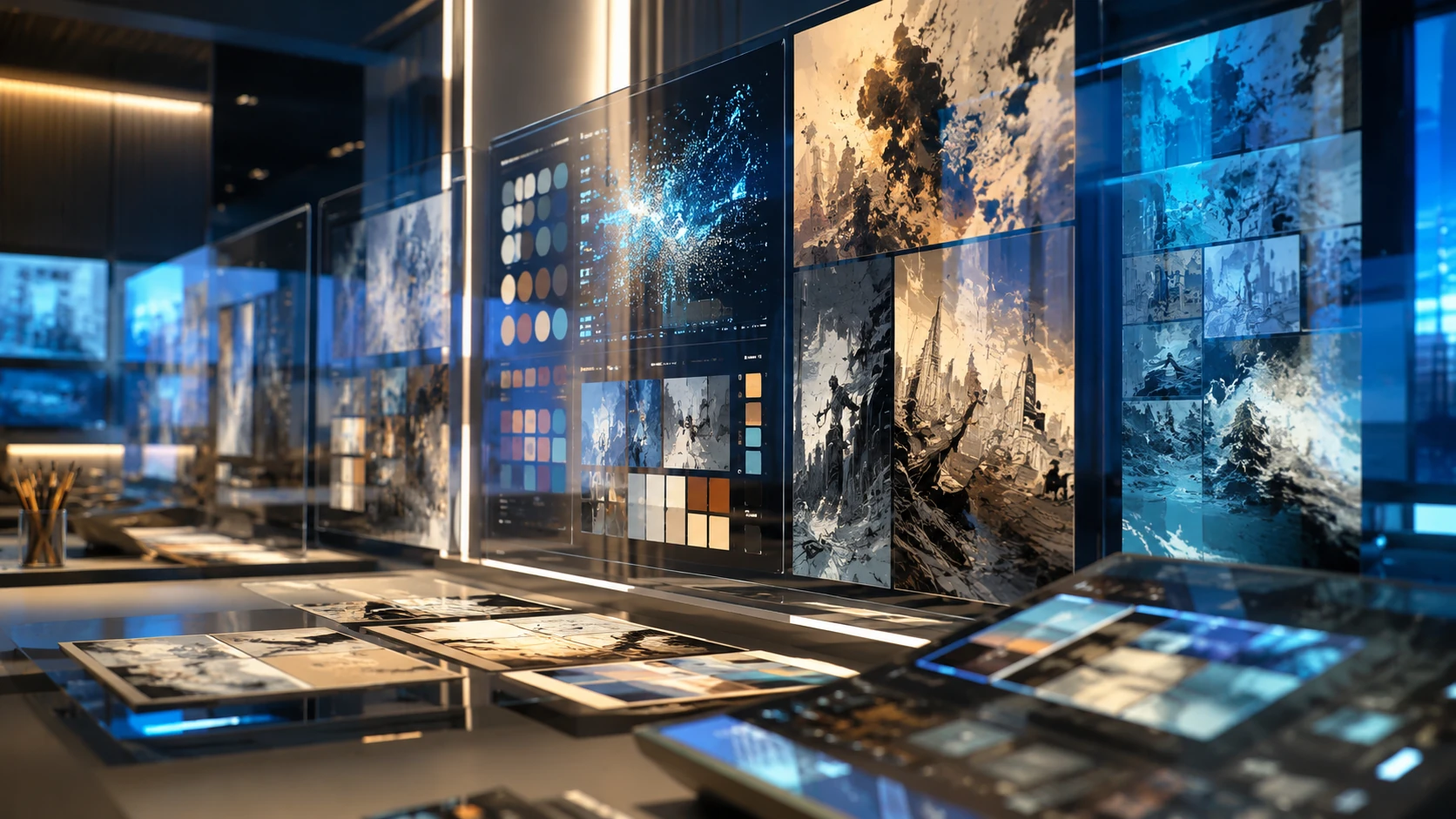 Futuristischer Arbeitsplatz mit mehreren Bildschirmen, die abstrakte Comic-Panels und Datenströme in einer tiefen Perspektive zeigen.