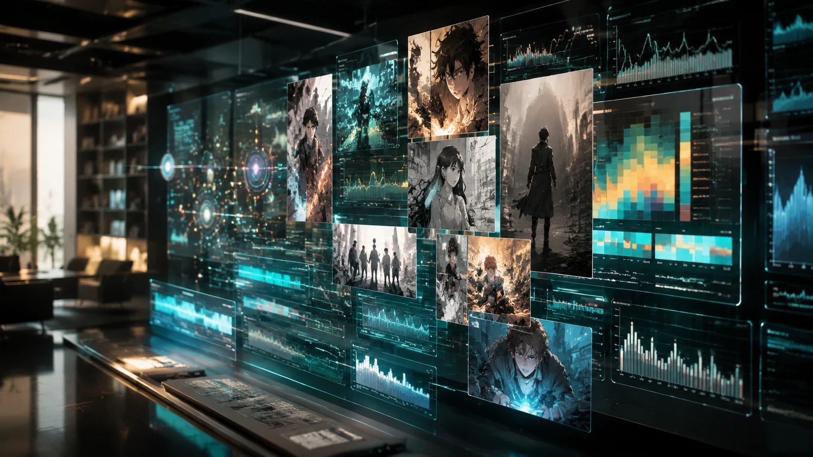 A sophisticated digital dashboard with semi-transparent glassmorphism panels showing global webtoon performance heatmaps and comic panel ana