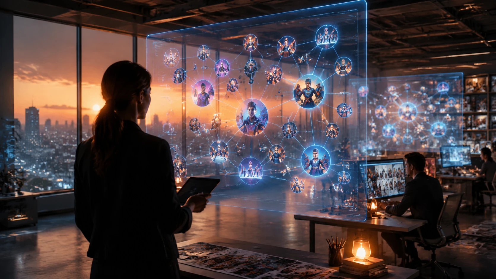 A wide-angle shot of a modern, glass-walled digital newsroom featuring floating holographic maps of comic characters and narrative themes.