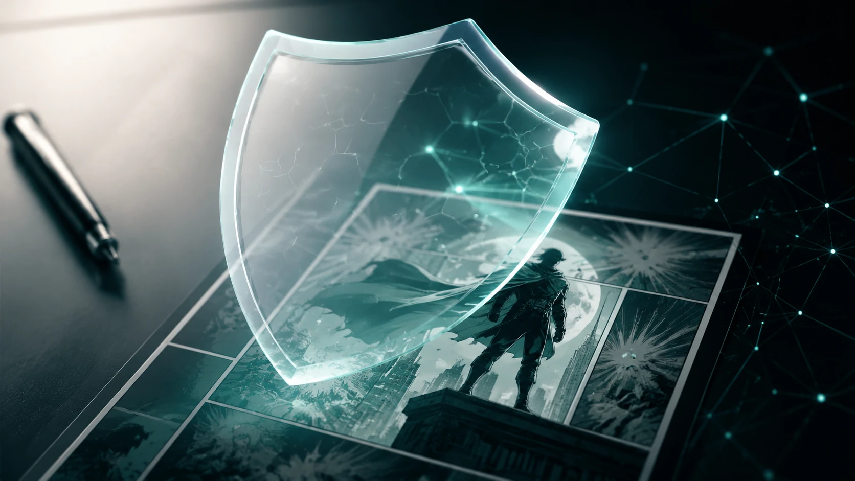 A conceptual high-tech visualization of a protective glassmorphism shield over a digital comic panel
