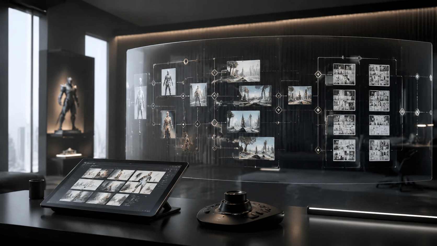 Ein futuristischer Arbeitsplatz mit mehreren Bildschirmen, die ein vernetztes System aus Charakter-Assets und Story-Strukturen in einer mode