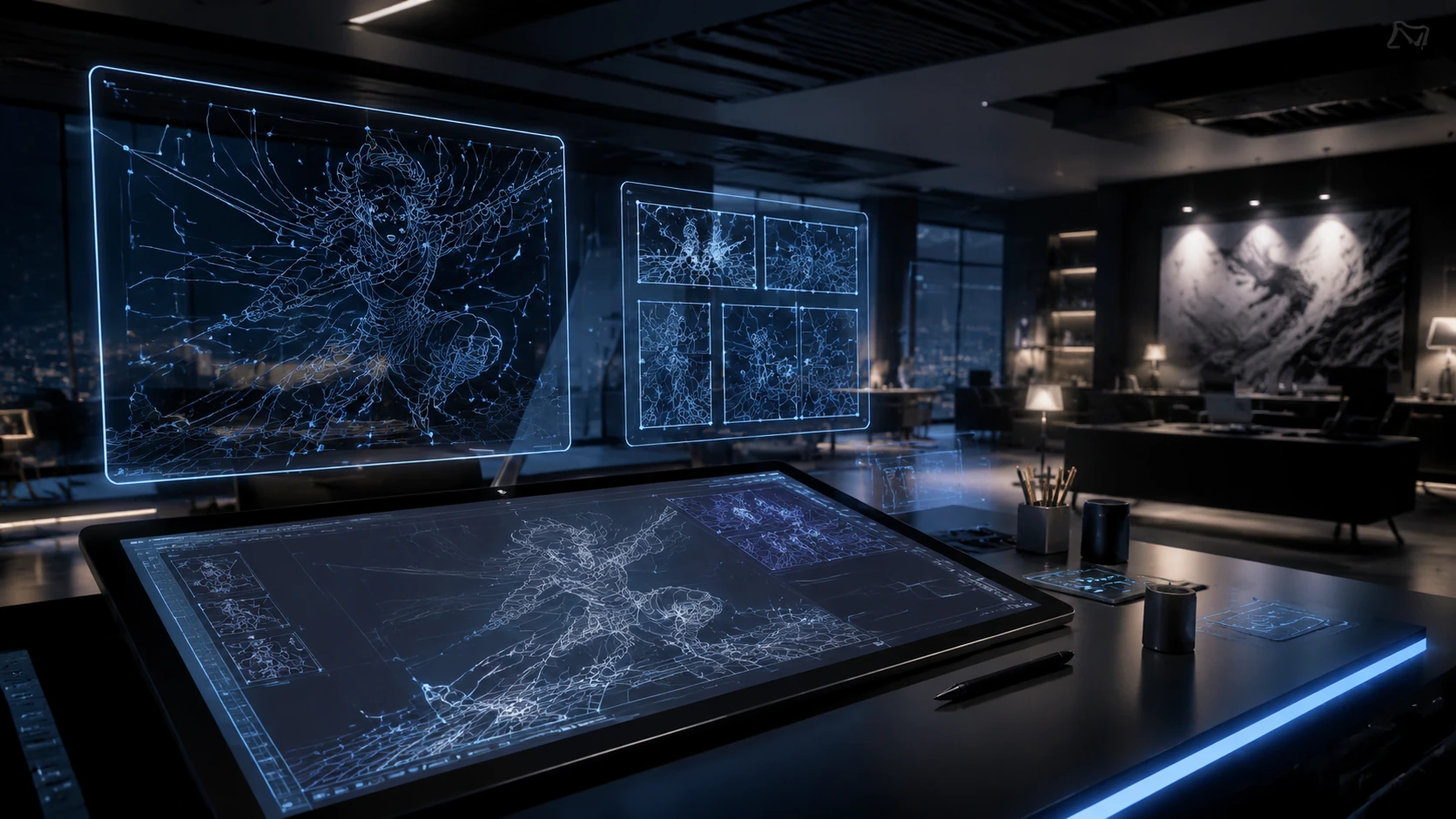 A futuristic workspace with multiple floating digital canvases showing high-precision vector comic lines and architectural storyboards.