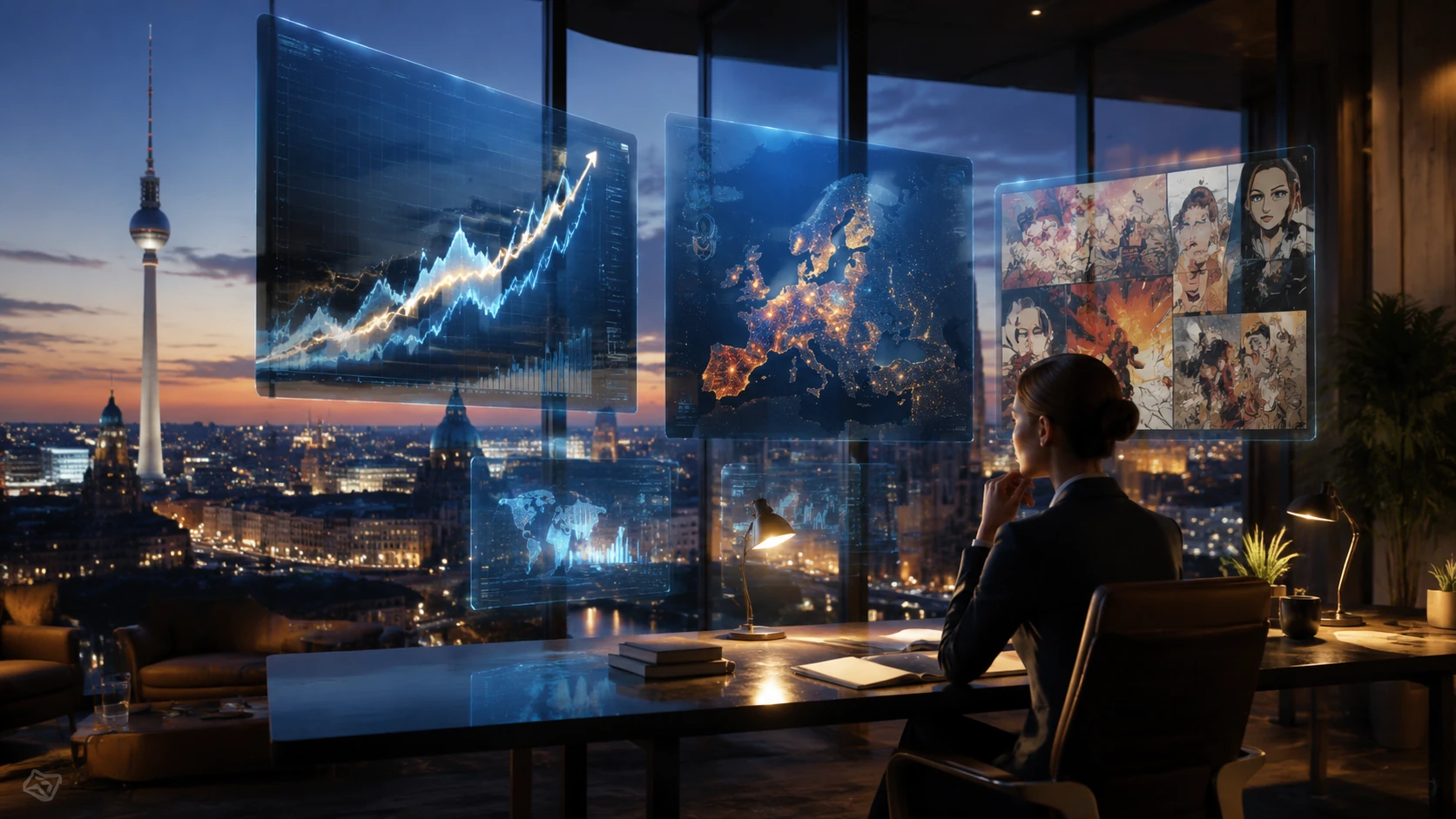 Eine weitwinklige Ansicht eines modernen, digitalen Newsrooms mit transparenten Bildschirmen, die Marktdaten und Comic-Panels über einer Sky