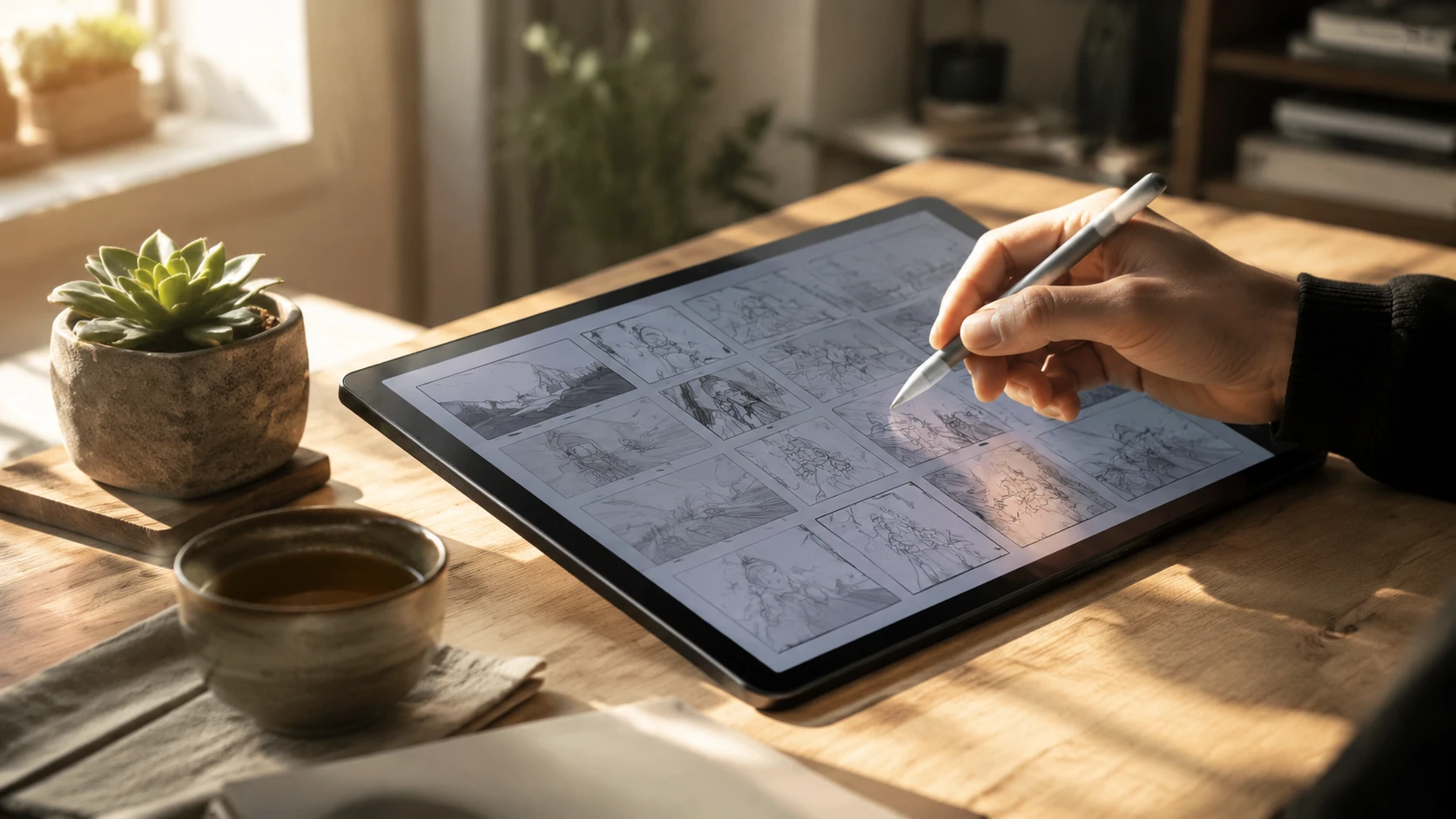 A professional comic creator's minimalist workspace with warm editorial lighting, focusing on a hand reviewing storyboard thumbnails.