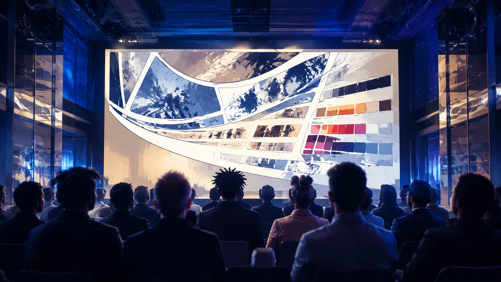 Eine professionelle Konferenzatmosphäre mit Silhouetten von Kreativen vor einer leuchtenden Leinwand, die abstrakte Comic-Strukturen zeigt.