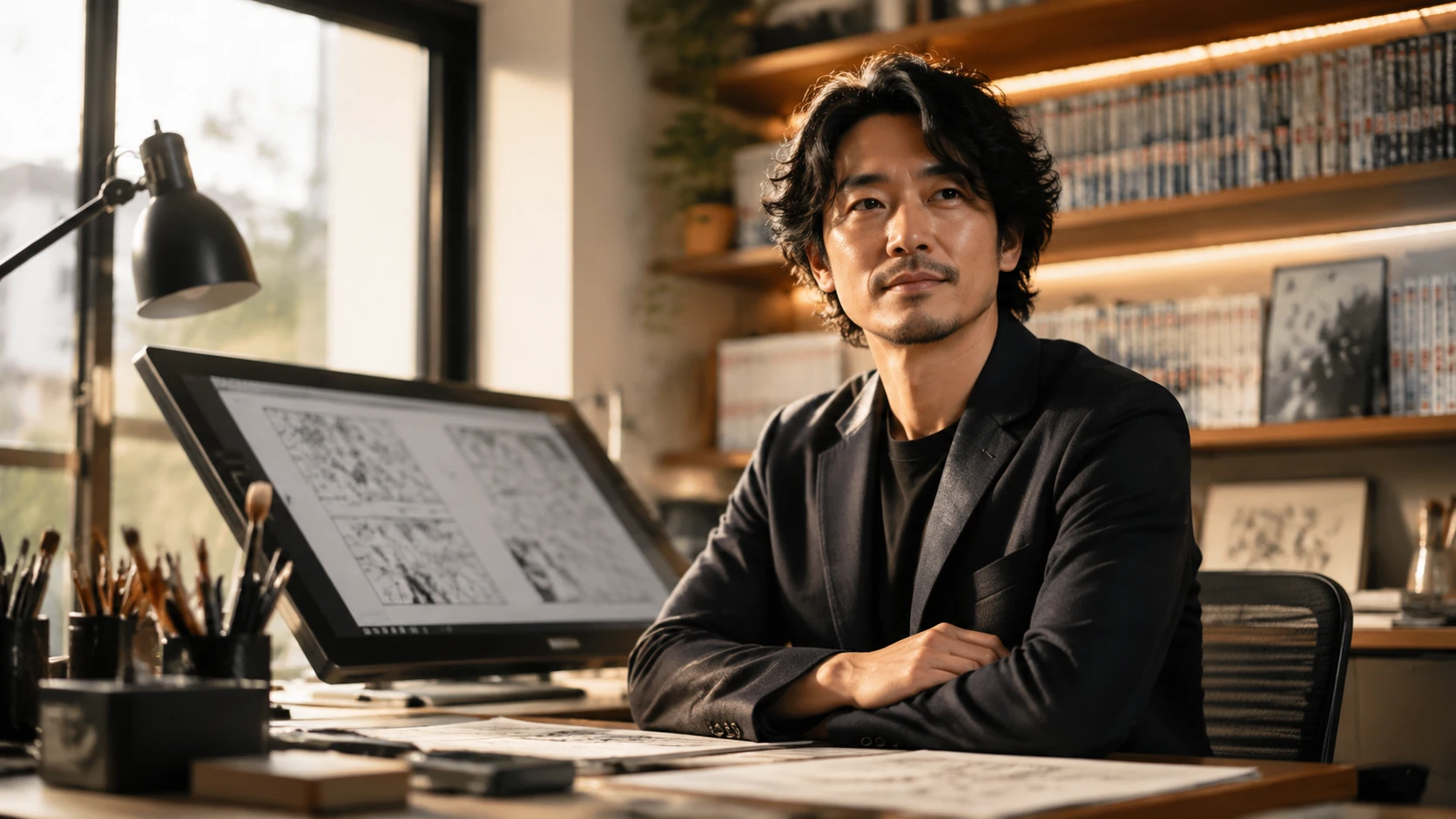 洗練されたスタジオで自身のIPポートフォリオを確認する独立系漫画家のポートレート