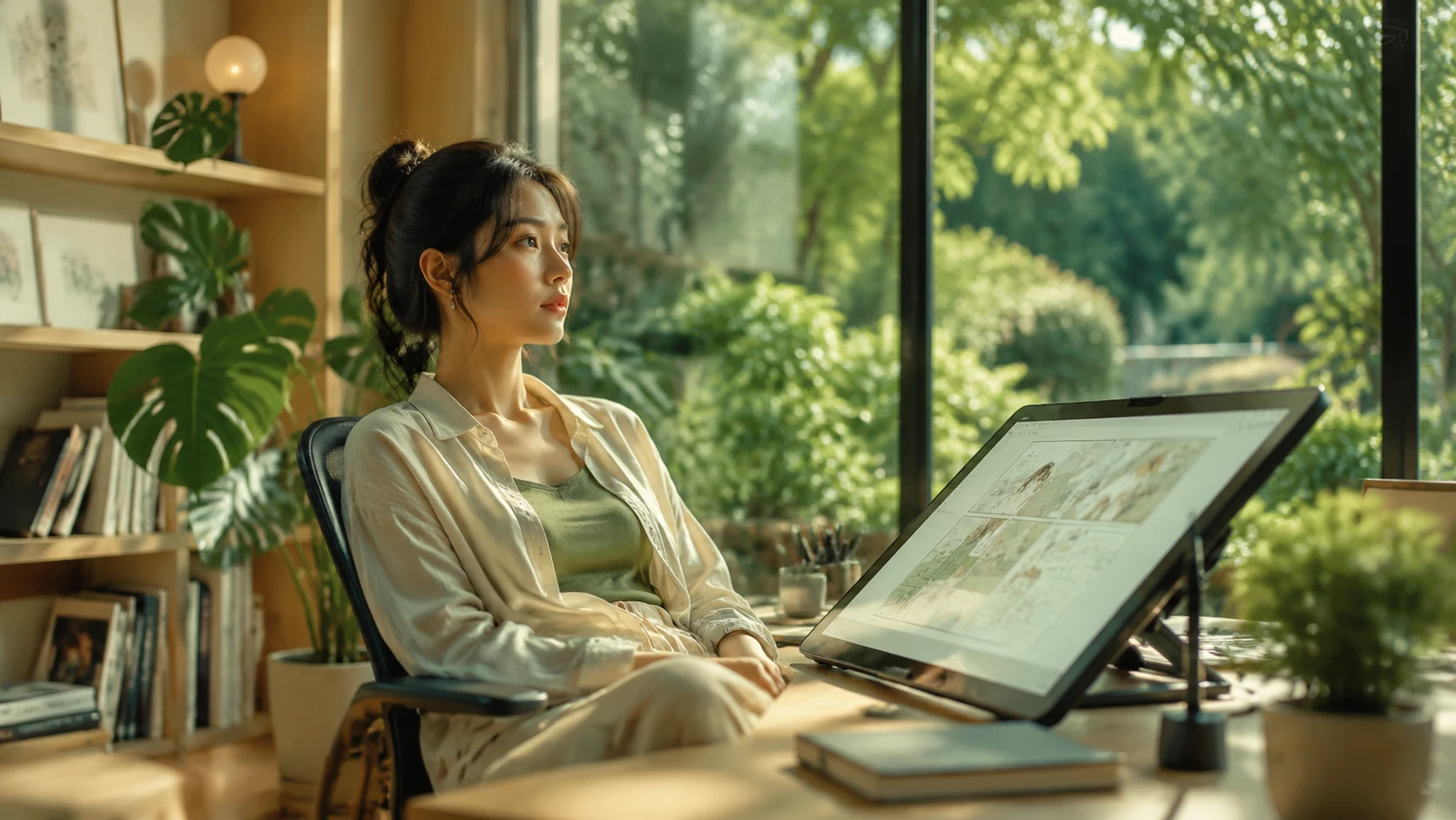 Portrait éditorial d'un artiste de webtoon serein dans un studio lumineux et apaisant