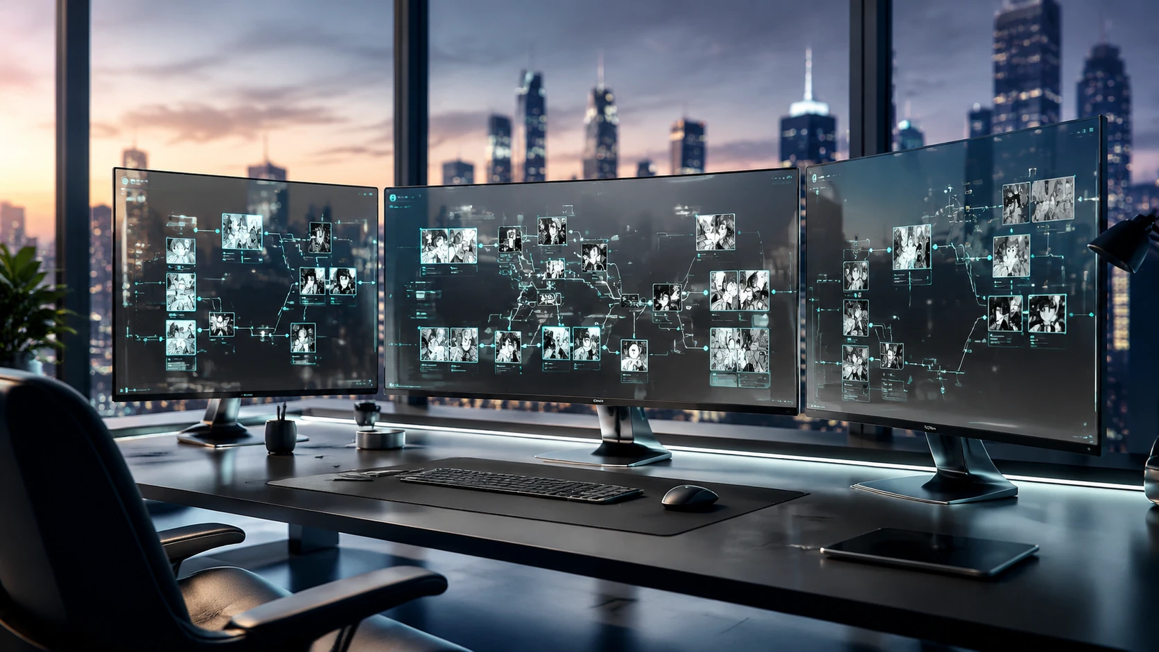 A futuristic digital workspace featuring multiple high-resolution screens displaying node-based narrative flowcharts and interconnected comi
