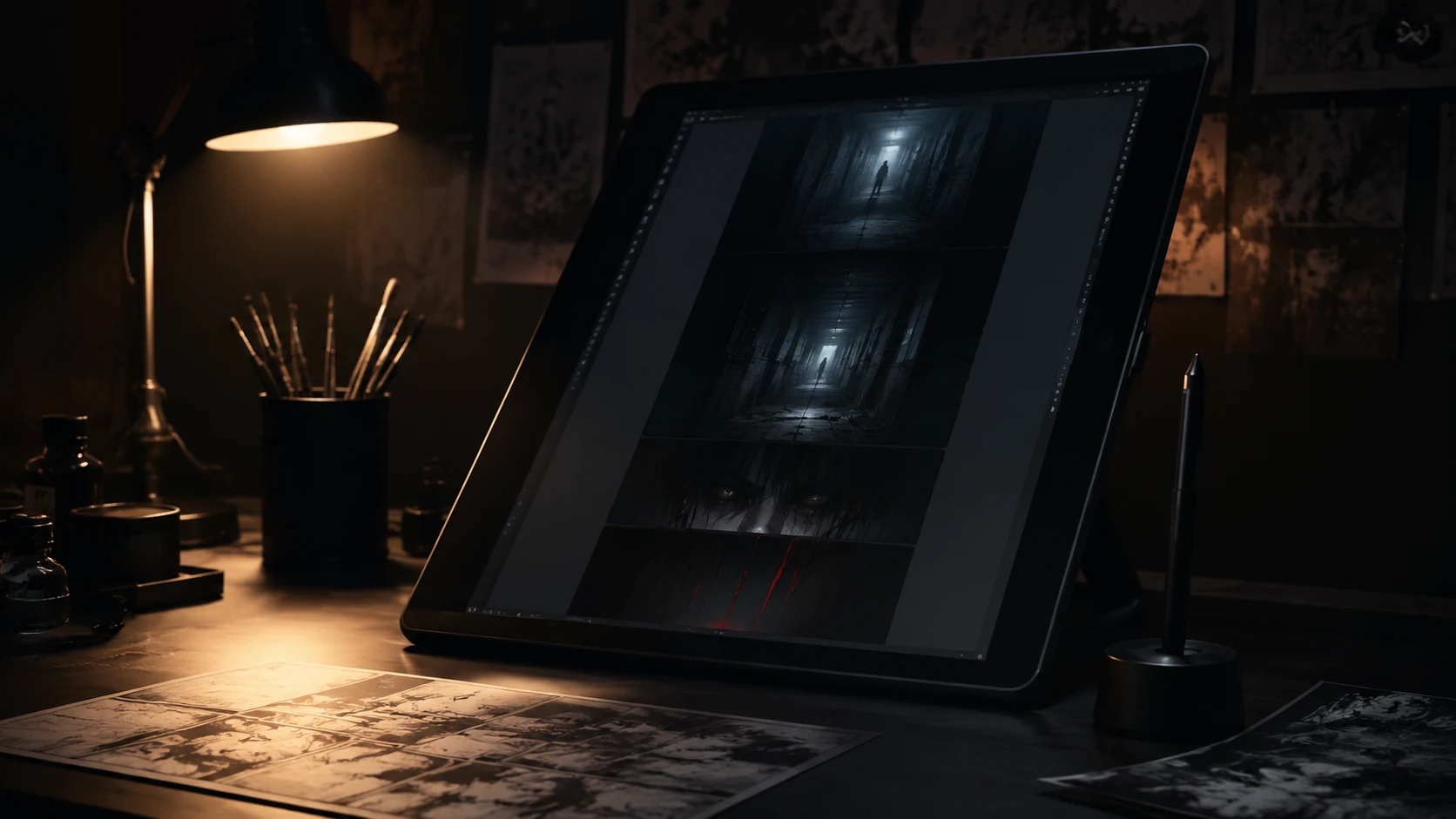 A digital artist's desk at night, showing a tablet screen with a vertical webtoon storyboard depicting a dark hallway and a suspenseful silh