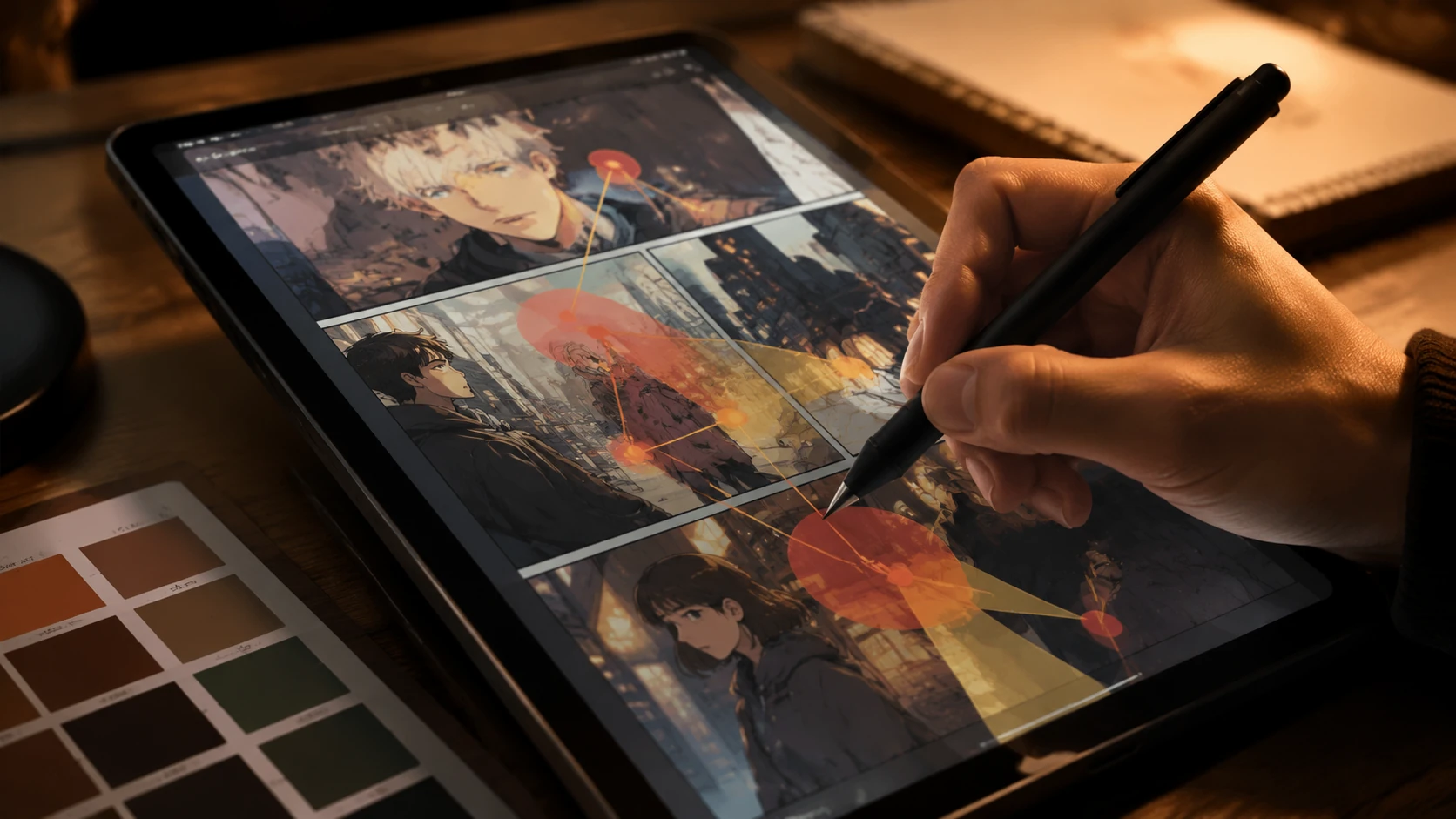 Macro close-up of a digital artist's hand adjusting panel layouts on a tablet, showing abstract heat-map overlays for reader eye-tracking.