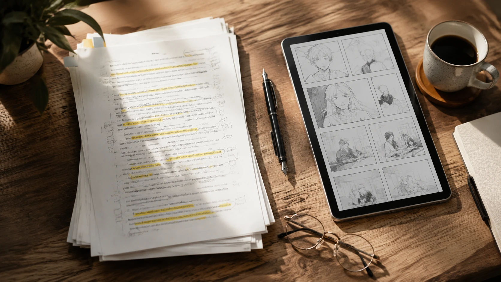 Ein minimalistischer Arbeitsplatz von oben betrachtet mit einem Manuskript, einem Grafiktablet und Skizzen für eine Webtoon-Adaption.