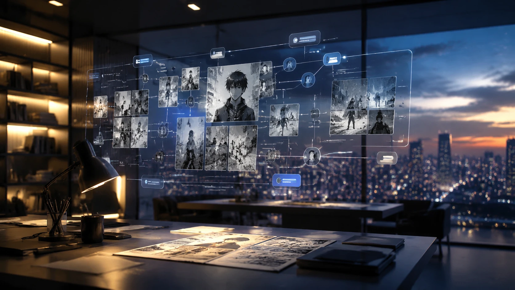 A wide-angle view of a modern editorial workspace with holographic screens displaying interconnected comic story nodes and semantic data map