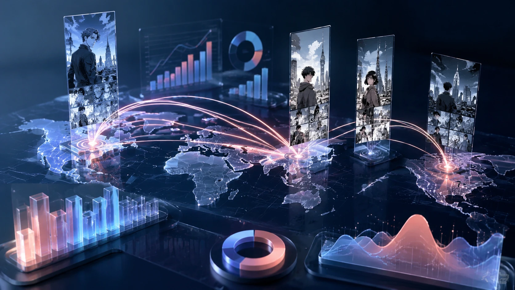 Eine stilisierte Weltkarte auf einem digitalen Dashboard mit schwebenden Webtoon-Panels und Datenströmen, die globale Distributionswege visu